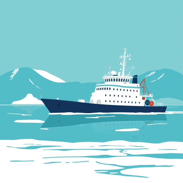 icebreaker ship, arctic landscape, research vessel, cool blue and teal tones, curious and analytical feel