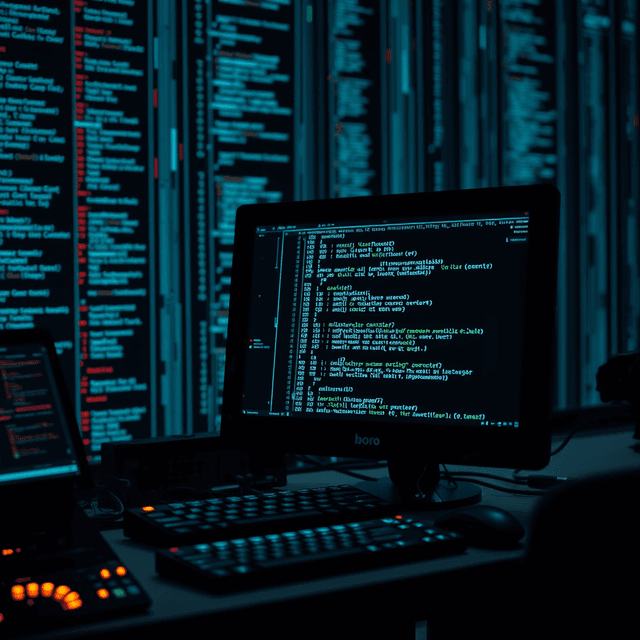 computer, data streams, code, sharp tech-noir photography style, cool steel blues