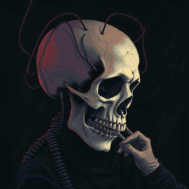 skull, wires, repair, surgery, dark moody tones, editorial illustration