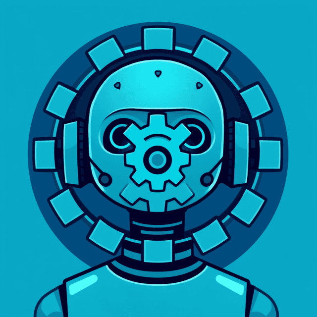 AI chatbot, gears, settings icon, cool blue and teal tones, curious and analytical feel