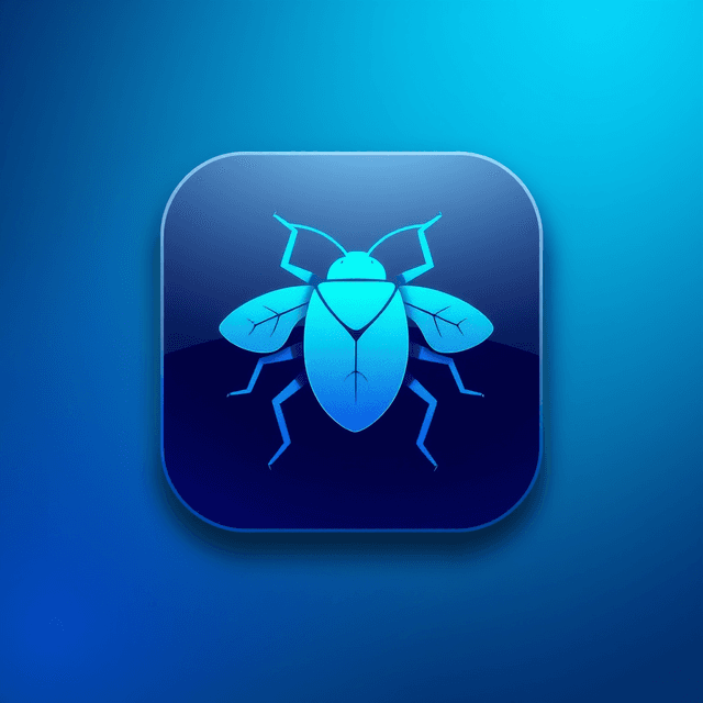 mac app icon, bug, code, curious and analytical feel, cool blue and teal tones
