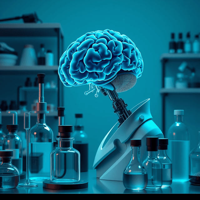 lab equipment, scientific method, AI brain, curious and analytical feel, cool blue and teal tones