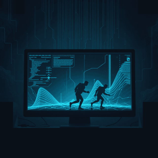 computer screen, digital world, evolution, dark moody tones, editorial illustration
