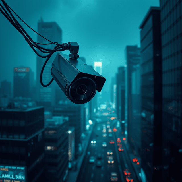 surveillance camera, data stream, dark cityscape, sharp tech-noir photography style, cool steel blues