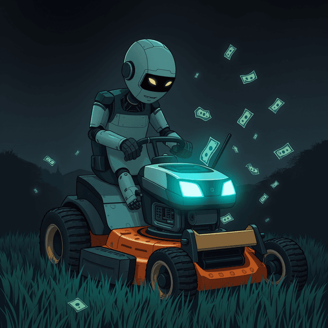 robot, lawn mower, money, digital, dark moody tones, editorial illustration