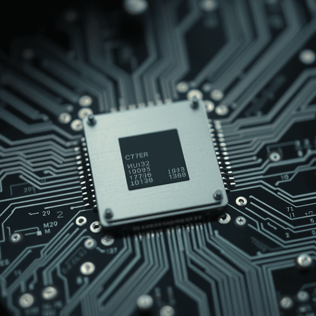 server chip, circuit board, data flow, sharp tech-noir photography style, cool steel blues