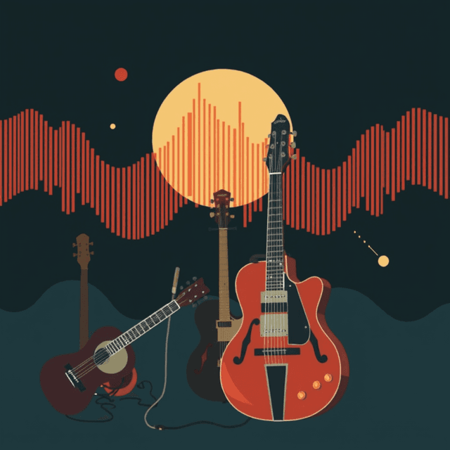 musical instruments, sound waves, abstract, dark moody tones, editorial illustration