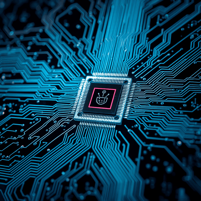 AI chip, circuit board, data stream, sharp tech-noir photography style, cool steel blues