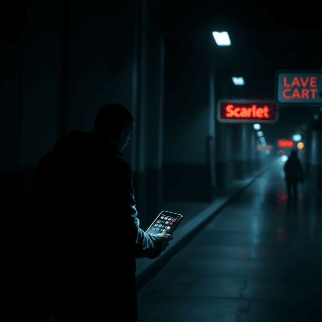 digital scarlet letter, dating app interface, criminal record, sharp tech-noir photography style, cool steel blues