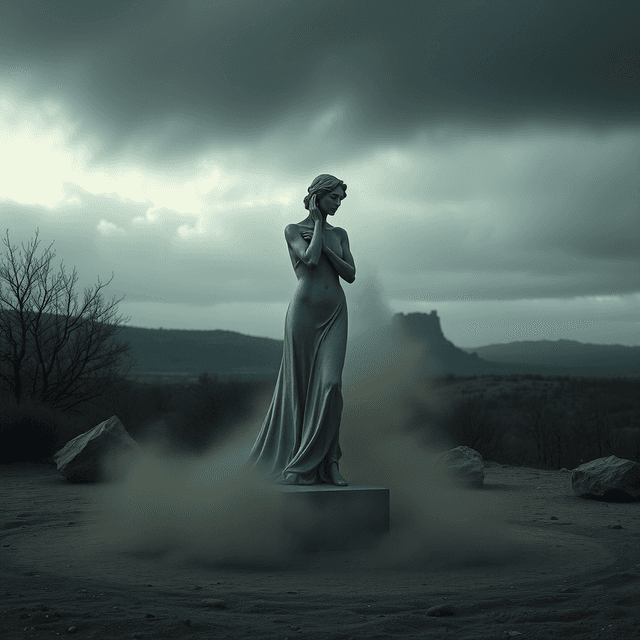 sculpture, dust, outdoors, luxury, dark moody tones, editorial illustration