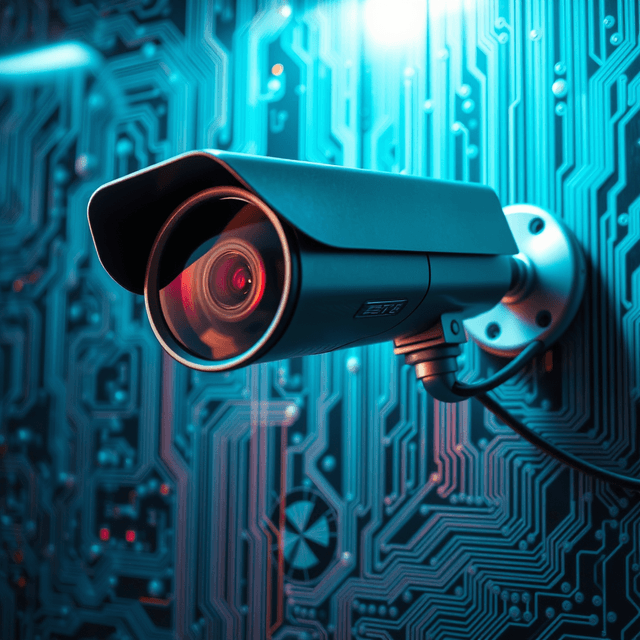 surveillance camera, data streams, circuit board, sharp tech-noir photography style, cool steel blues