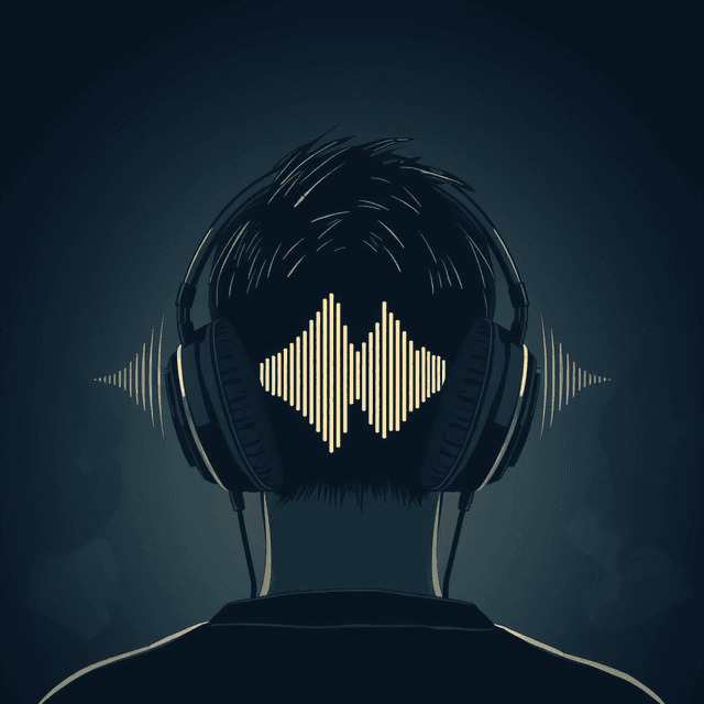 open-back headphones, sound waves, ears, dark moody tones, editorial illustration