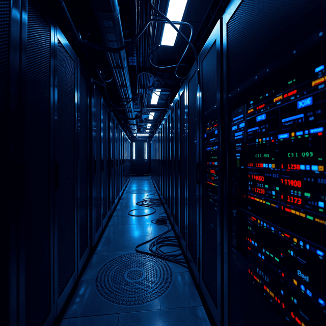 server, network, data stream, sharp tech-noir photography style, cool steel blues