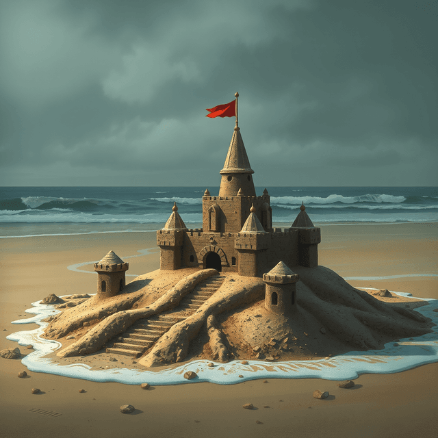 sandcastle, AI, beach, tide, dark moody tones, editorial illustration