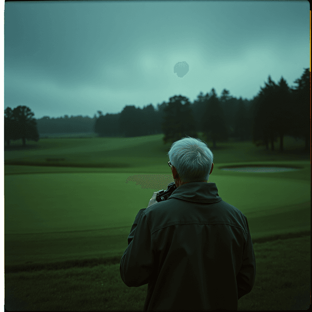 golf course, vintage camera, green jacket, dark moody tones, editorial illustration