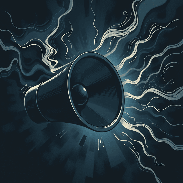 speaker, shaking air, abstract sound waves, dark moody tones, editorial illustration