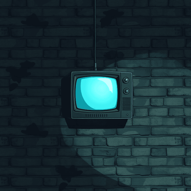 television, wall, camouflage, hidden, dark moody tones, editorial illustration