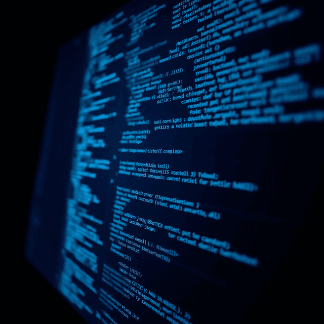 javascript library, malware, code, computer screen, sharp tech-noir photography style, cool steel blues and white