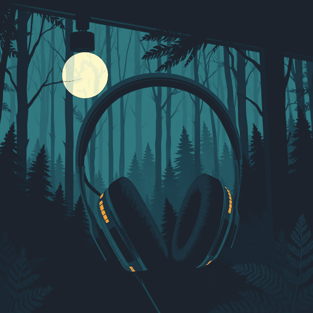 earcups, headphones, forest, jazz club, dark moody tones, editorial illustration