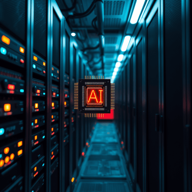 AI chip, server rack, data center, sharp tech-noir photography style, cool steel blues