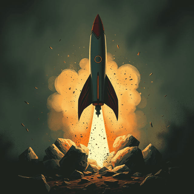 matador rocket, exploding, debris, dark moody tones, editorial illustration