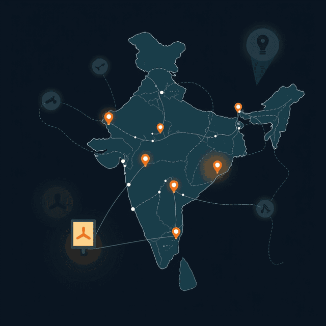 India map, digital connections, free service, dark moody tones, editorial illustration