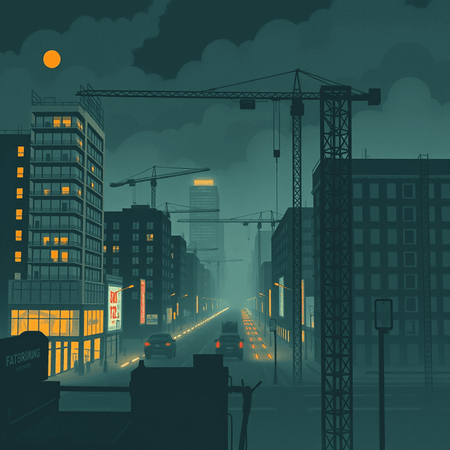 earplugs, loud city, construction, dark moody tones, editorial illustration
