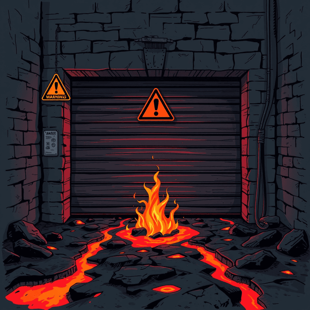 garage door, lava floor, fire, warning sign, dark moody tones, editorial illustration
