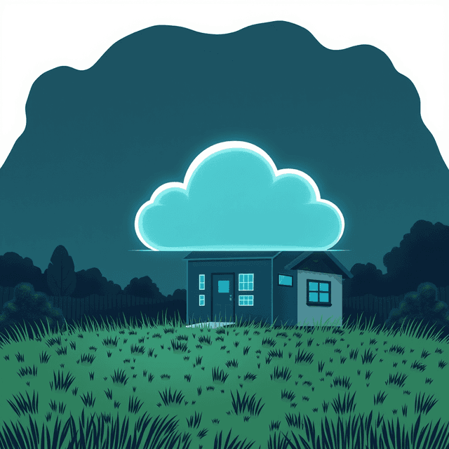 data center, cloud symbol, lawn, house, dark moody tones, editorial illustration