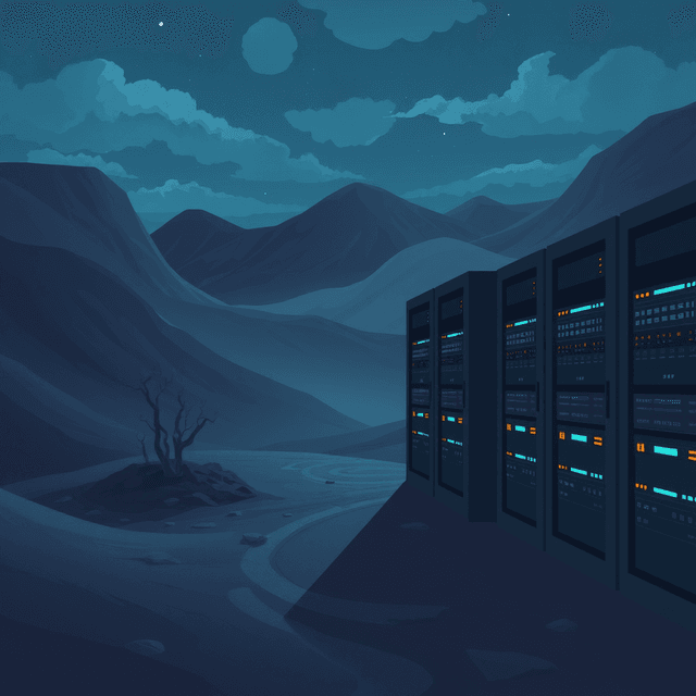 desert, server room, cold air, Google Cloud, dark moody tones, editorial illustration