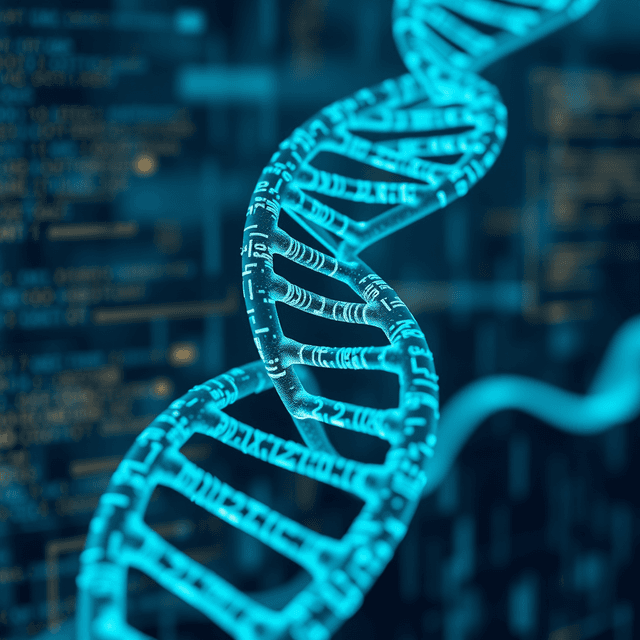 DNA helix, algorithm visualization, data stream, curious and analytical feel, cool blue and teal tones