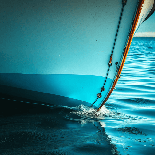 boat hull, ocean spray, reflection, digital decay, neon cyan accent