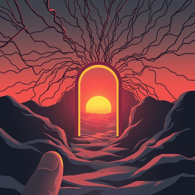 latent space, trapdoor, neural network, sunset, thumb, Clean editorial illustration with digital decay, smooth gradients