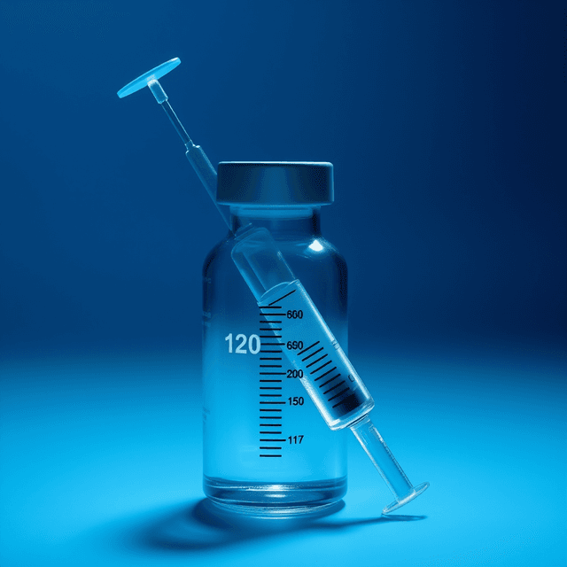syringe, vial, medicine bottle, cool blue and teal tones, curious and analytical feel