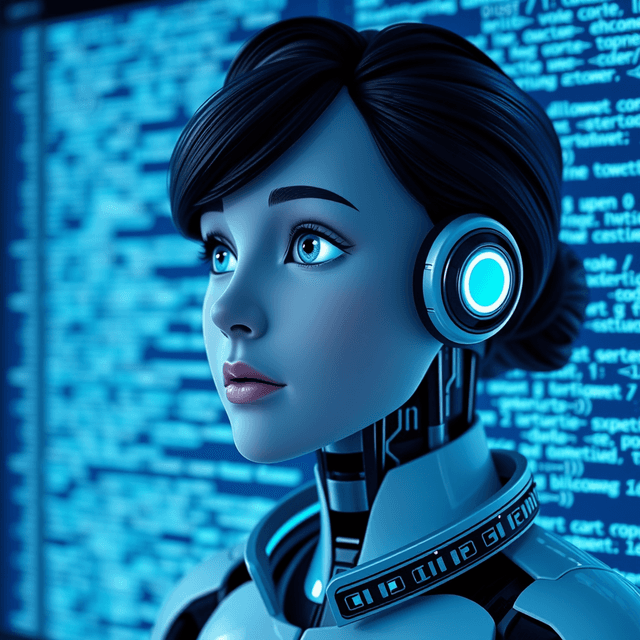 AI assistant, desktop interface, code, cool blue and teal tones, curious and analytical feel