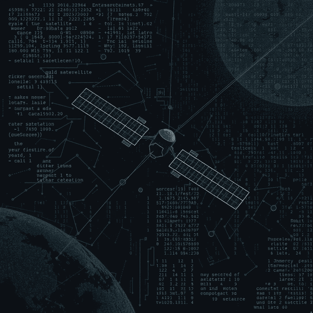 satellite, data stream, code, dark moody tones, editorial illustration