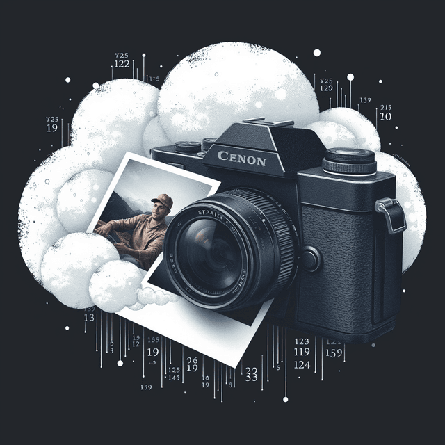 camera, photo album, cloud storage, abstract data, dark moody tones, editorial illustration