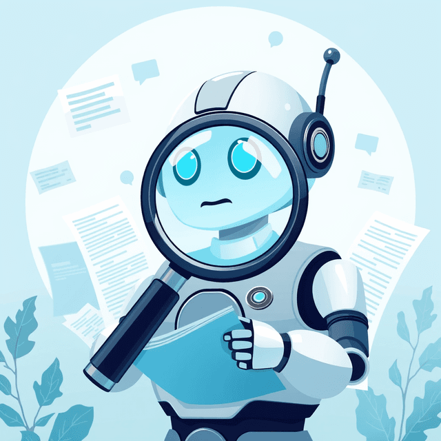 chatbot, research papers, magnifying glass, clean journalistic illustration, cool blue and teal tones