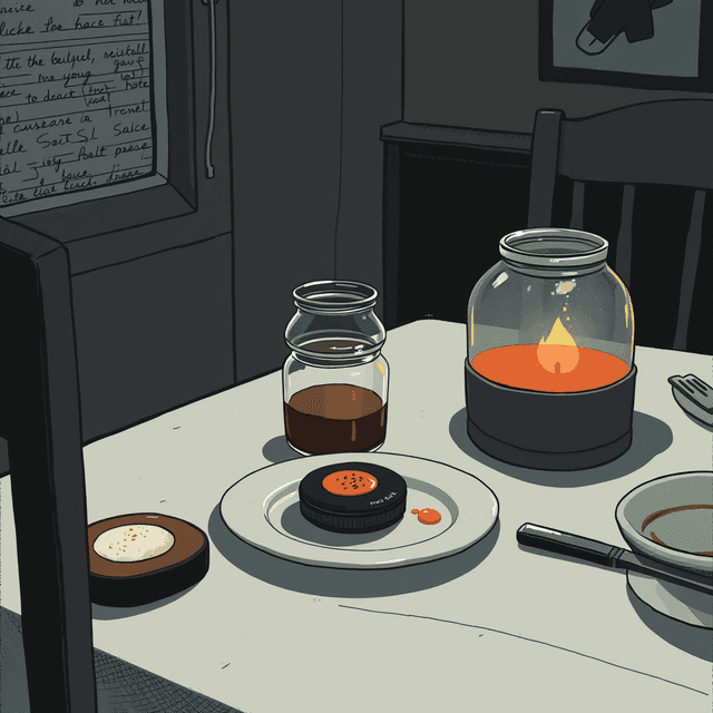 dinner table, sauce jar, puck device, no phones, dark moody tones, editorial illustration