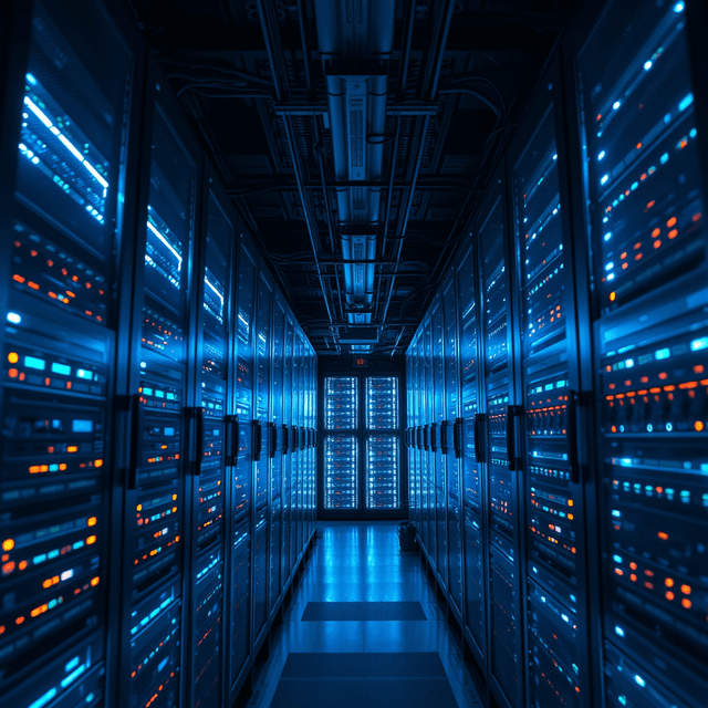 server farm, glowing server racks, data center, sharp tech-noir photography style, cool steel blues
