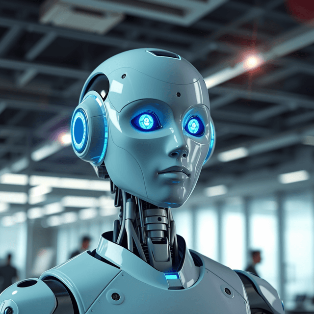 AI agent, Slack interface, corporate office, cool steel blues, lens flare accents