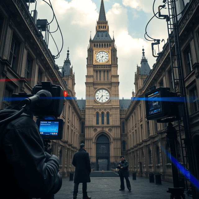 private messages, scanning technology, parliament building, cool steel blues, lens flare accents