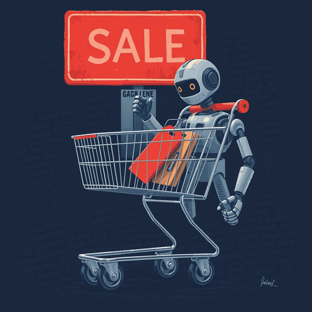 shopping cart, price tag, sale sign, AI robot, dark moody tones, editorial illustration