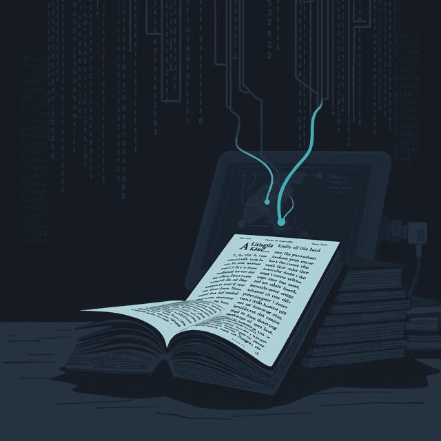 kindle, books, computer screen, data stream, dark moody tones, editorial illustration
