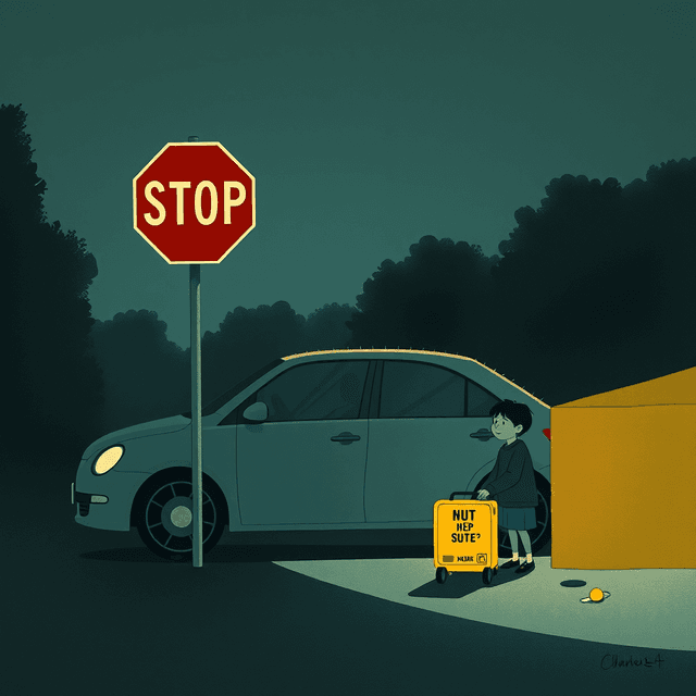 stop sign, car, child, yellow box, dark moody tones, editorial illustration