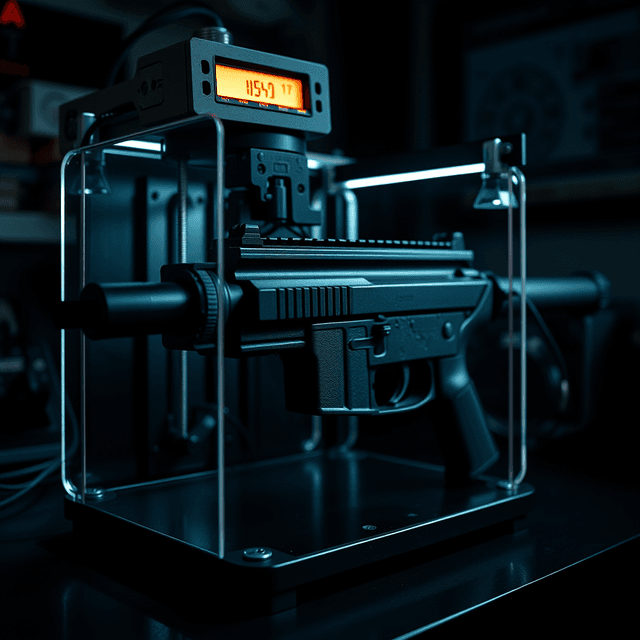 3D printer, firearm component, censorware, cool steel blues, sharp tech-noir photography style