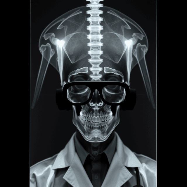 radiologist, X-ray, AI report, grayscale, curious and analytical feel