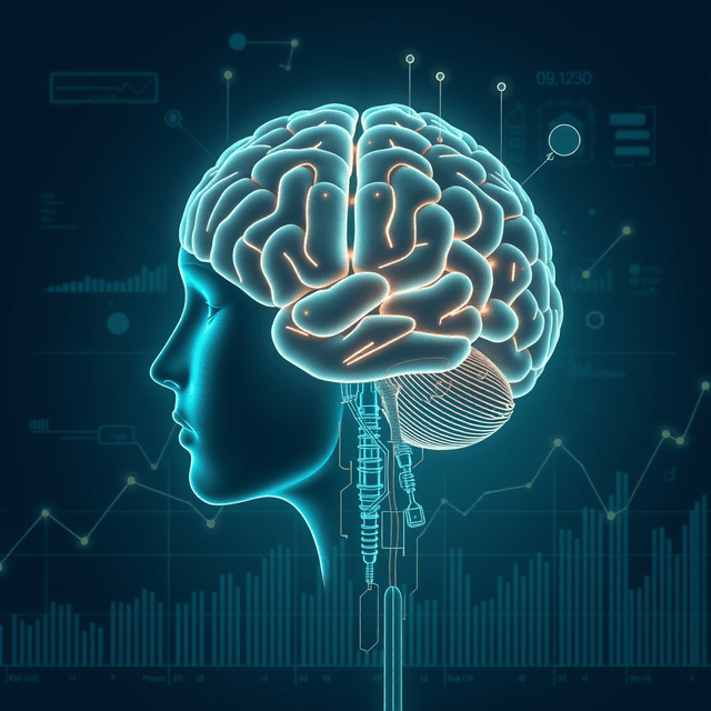 AI brain, ledger, financial graph, curious and analytical feel, cool blue and teal tones