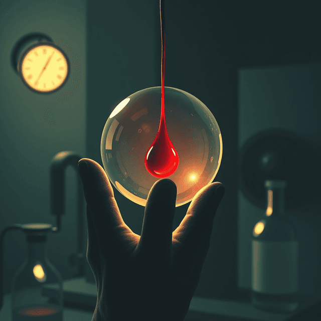 glowing orb, blood sample, medical lab, dark moody tones, editorial illustration