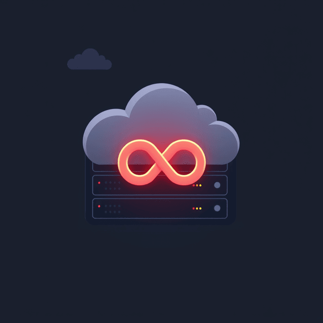 cloud storage, server rack, infinity symbol, dark moody tones, editorial illustration